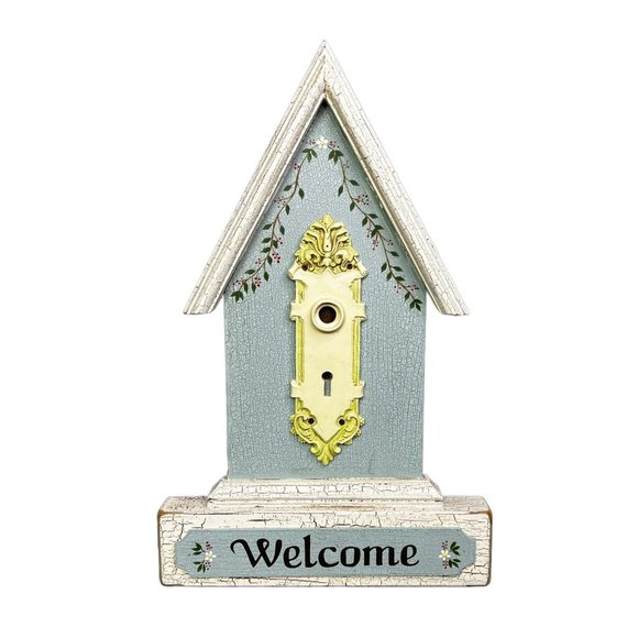 Wooden Birdhouse Welcome Sign Plaque Vintage Keyhole Lock Plate Shabby Blue - Picture 1 of 6